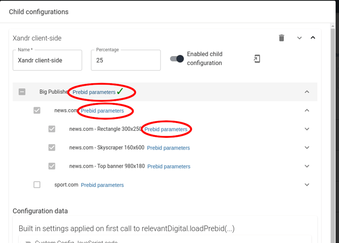 Child prebid config prebid params